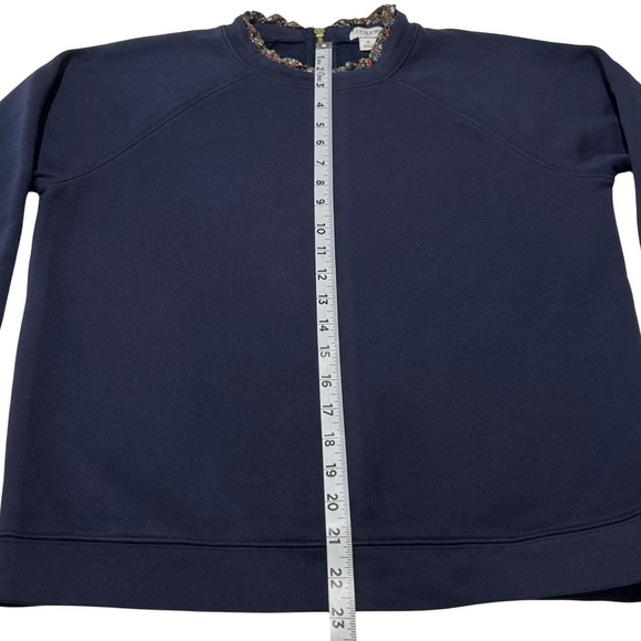 J. Crew Woven Ruffleneck Pullover Sweatshirt Floral Trim Gold Zip Navy Small - Picture 15 of 17